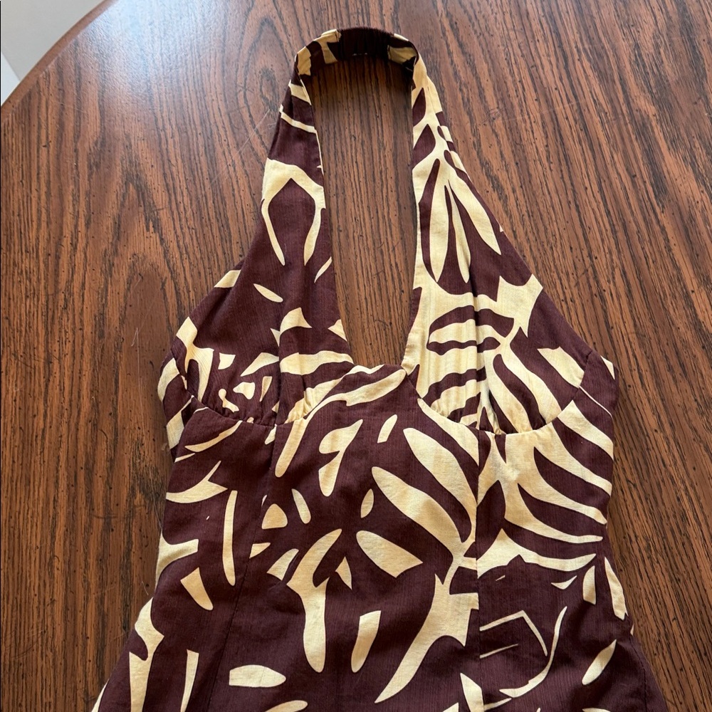 Brown & Cream Tropical Print Mini Dress - Sleeveless V-Neck